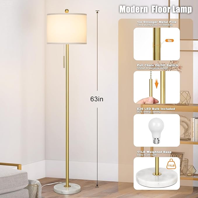 Qingmiao 【Upgraded】 Dimmable Gold Floor Lamps for Living Room, 63in Modern Standing Lamp with Marble Base, Tall Pole Light with White Linen Shade for Bedroom Reading Office Corner Nursery