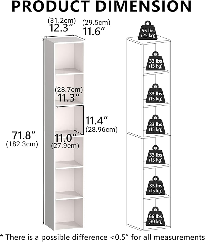 White Cube Shelf, 6 Cube Storage Organizer, 6-Tier Freestanding Low Bookshelf, Modern Cube Shelf for Living Room, Bedroom, Kids Toys, Home Office, Multi-Purpose Tall Cube Storage Furniture