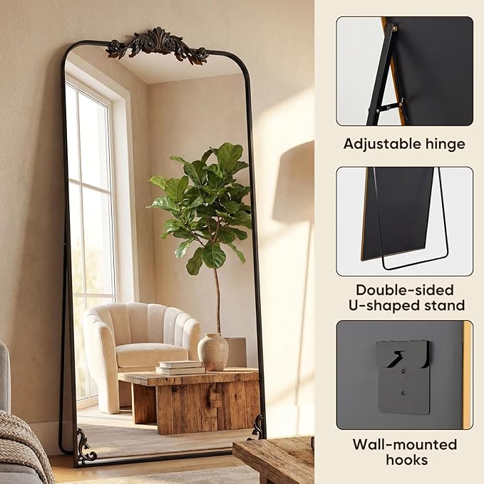 Antok Arched Full Length Mirror, 32"x71" Floor Mirror with Carved, Full Body Mirrors for HomeDecor, Large Wall Mirror with Corner Flower for Bedroom, Living Room, Bronze, Luxury Style