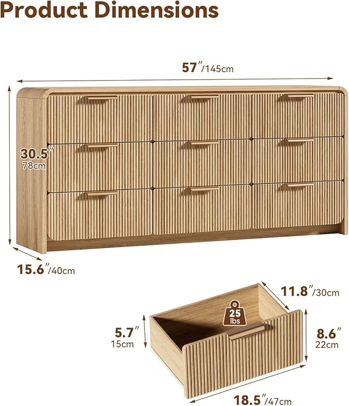 Fluted 9 Drawer Dresser for Bedroom, 57" Wide Chest of Drawers, Curved Profile Design, Wooden Dresser TV Stand for Living Room, Hallway, Natural Oak