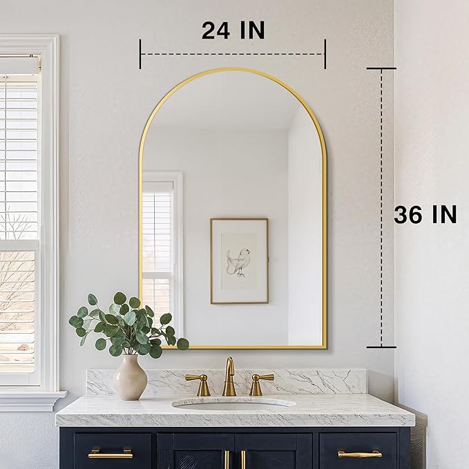 FICTOR Bathroom Mirror for Wall, Arched Vanity Bathroom Mirror for Over Sink, Metal Framed with HD Shatter-Proof Glass for Entryway, Living Room,Bedroom(24”x 36”, Gold)