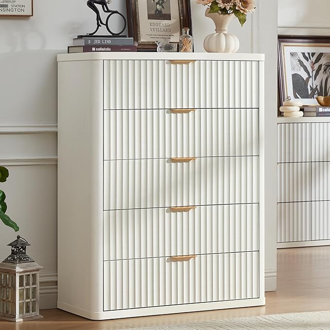 LEYAOYAO Fluted 5 Drawers Dresser for Bedroom, 41" Tall Modern Chest of Drawers with Metal Handle, Curved Profile Farmhouse Closet Organizer Wood Dressers TV Stand for Living Room,Antique White