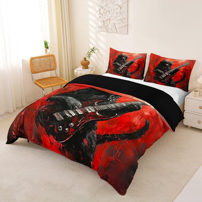 Erosebridal Rock Music Duvet Cover Queen Rock Black Cat Guitar Bedding Set Punk Music Lovers Room Decor Comforter Cover,Trendy Oil Painting Bed Set