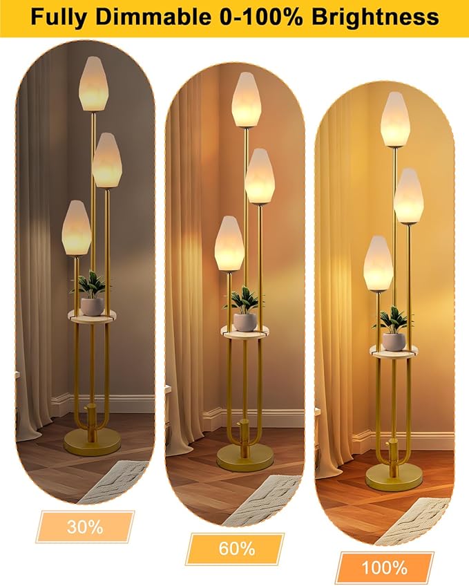 Gold Floor Lamp with Tray, 3-Lights Dimmable Floor Lamps with Rock-Shaped Shade, Unique Candle Holder Style Modern Tall Standing Lamp for Living Room/Party(Bulbs Included)