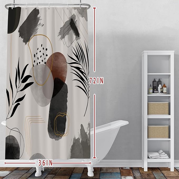 Baocicco Boho Shower Curtain Black Grey Plants Leaves Mid Century Modern Abstract Shower Curtains Decorative for Bathroom Waterproof Fabric Shower Curtain with Hooks 36x72 Inches