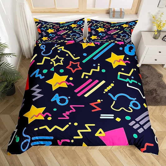 80s 90S Fashion Style Bedding Set Queen Size,Retro Memphis Style Pattern with Geometrical Shapes Duvet Cover for Kids Child,Funky Hipster Old Fashioned Comforter Cover Geometric Bedroom Decor