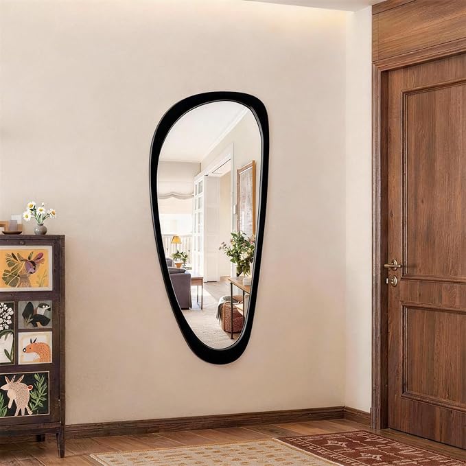 Asymmetrical Irregular Wall Mirror with Wood Frame, Decorative for Bedroom, Living Room, Entryway, Hallway, Mid Century Modern Boho Decor, Large Abstract Design 48" H x 22" W
