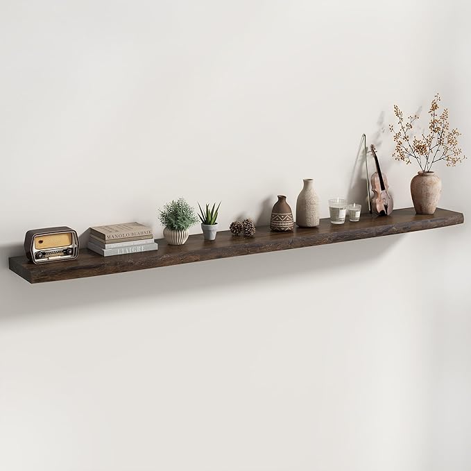 Fun Memories Floating Shelves for Wall Decor Set of 1-72 Inch Solid Elm Wood Live Edge - Rustic Walnut Wall Shelves with Invisible Brackets - for Living Room, Bedroom, Kitchen - Walnut Finish