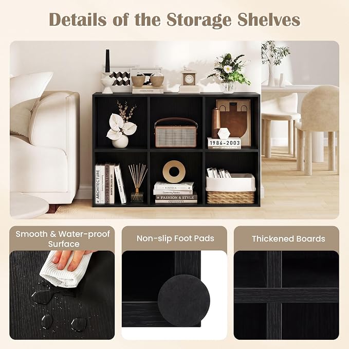 Tangkula 6-Cube Bookcase, Large Floor Standing Horizontal Bookshelf with 6 Open Shelves & 2 Anti-Tipping Kits, Home Office Wooden Storage Book Shelf for Living Room, Study (Black, 6-Cube)