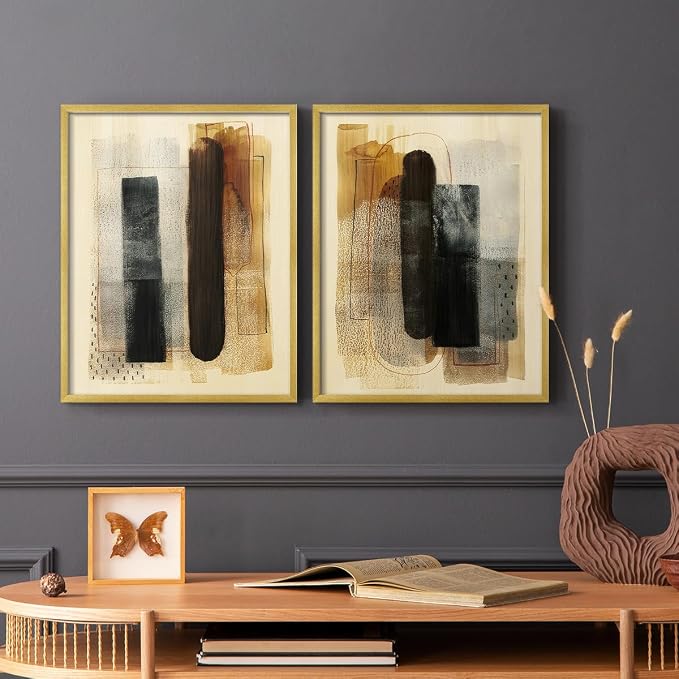 Renditions Gallery Set of 2 Peel & Stick Framed Prints, Pattern Abstract Wall Art, Burnt Toast Pattern Wall Decor, Re-Stickable - Ready to Hang - 11"x14" - GOLD Frame LT588