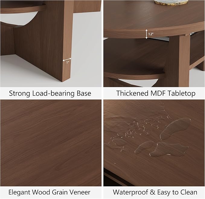 Mid Century Modern Coffee Table, 47" Oval Wood Coffee Tables for Living Room, 2 Tier Curved Round Center Table with Storage Shelf & Sturdy Base, Minimalist Retro Tea Tables, Walnut