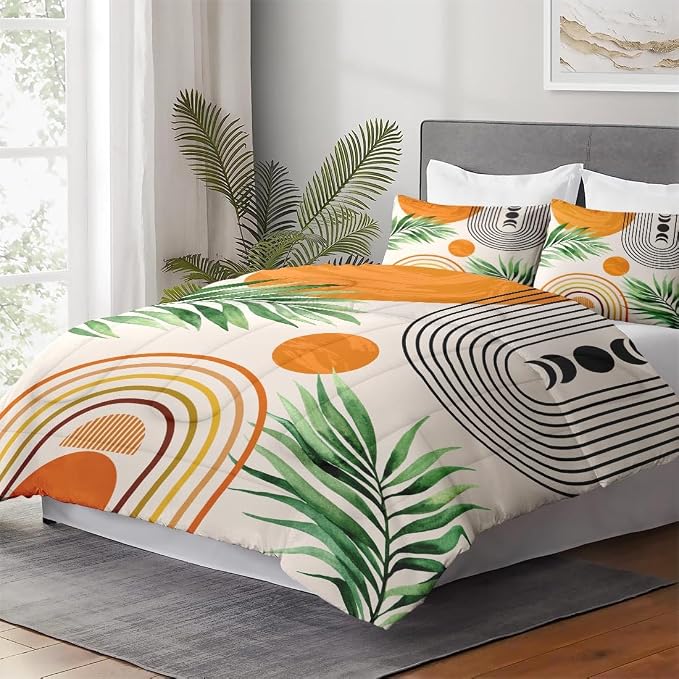 WeCozy Twin Size Comforter Set with Pillowcase, Contemporary Mid Century 2 Pcs Bedding for Kids and Adults, Rainbow Sun Boho Geometric Soft Comforter Set for Bedroom Bed Decor