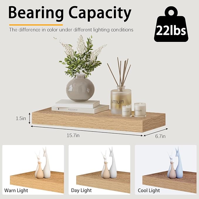 INHABIT UNION Oak Floating Shelves Wood for Wall 15.7in Wall Mounted Display Ledge Shelves Perfect for Bedroom, Bathroom, Living Room and Kitchen Decoration Storage (Set of 2)