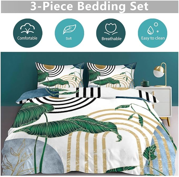 Mid Century Leaves Bedding Set,Modern Abstract Tropical Monstera Palm Leaf Plant Minimalist Spring Summer Bohemian Geometric Comforter Set with Pillowcase for Bedroom Bed Decor,Queen 90"x90"