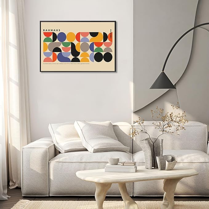 Vintage Bauhaus Weimar 1919 Framed Poster Vibrant Circles And Arcs Minimalist Text Canvas Wall Art Beige Backdrop Prints Painting For Home Bedroom Dorm Wall Decor 16x24in Framed