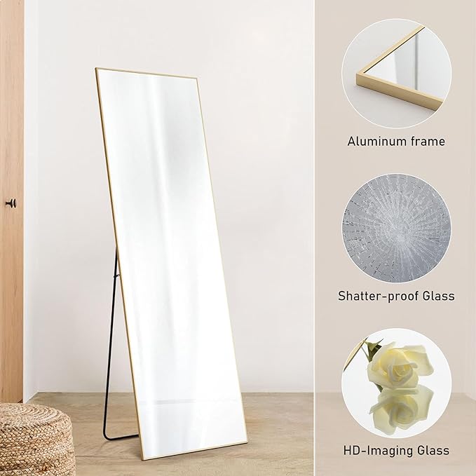 OLIXIS Full Length Mirror for Bedroom, 65"x24" Full Body Mirror with Stand, Hanging or Leaning for Wall, Aluminum Alloy Thin Frame Floor Standing for Living Room, Long, Gold