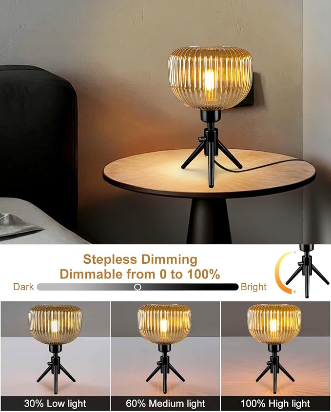 Lightdot Tripod Glass Table Lamp Black Small Desk Lamp with Brown Striped Glass Shade, 3000K Warmwhite Dimmable Nightstand Lamp for Bedroom/Bedside/Living Room/Study Room/Home Decor