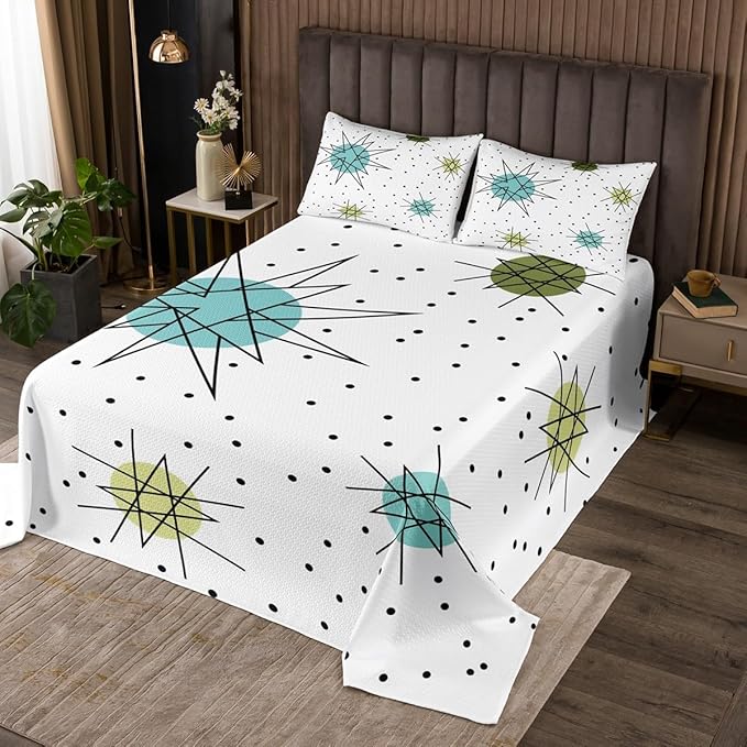 Erosebridal Geometric Polka Dots Bedspread King Size Modern Mid Century Quilt Set, Boho Minimalism Coverlet Set Hippie Atomic Bedding Set, 1950s Old Fashion Bed Cover Super Cozy 3pcs