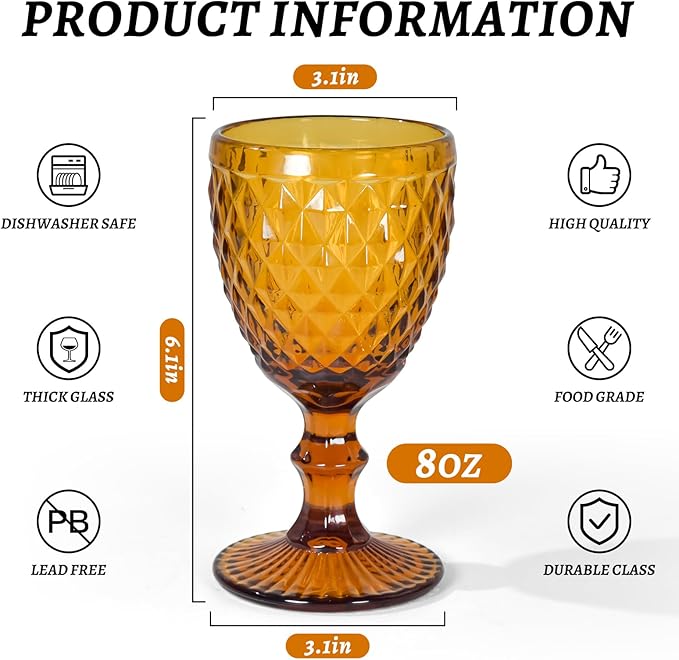 Vintage Wine Glasses Set of 6, 8 OZ Colored Glass Water Goblets, Embossed Floral Decorative Crystal Glass Cups Set, Dishwasher Safe, for Wedding, Party, Red Wine Glass, Bars, Restaurants