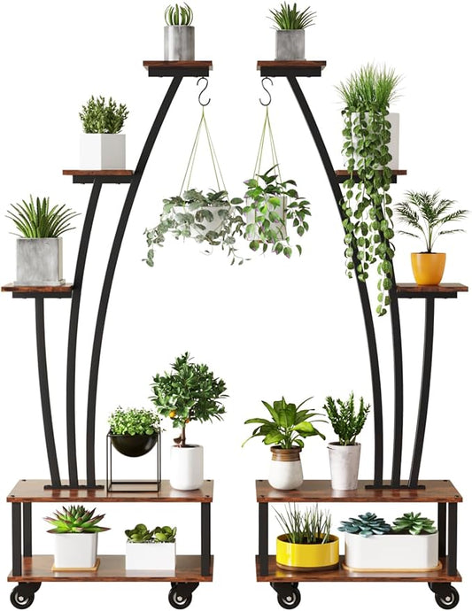 5-Tiered Tall Plant Stand Indoor, Cone-shaped Metal Plant Stand with Wheels and Hanging Hooks, Farmhouse Wood Plant Shelf Indoor for Living Room, Balcony, Garden, Rustic Brown (2 Pack)