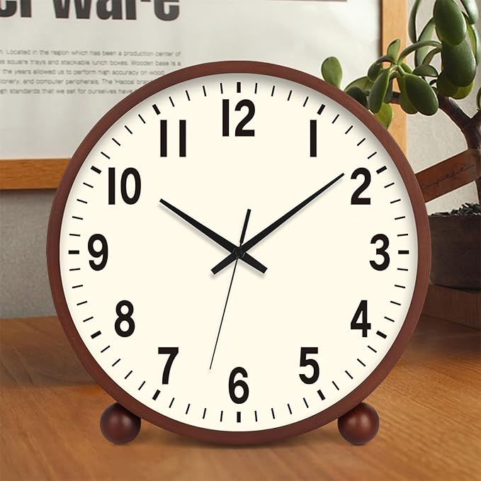 Maxspace Wooden Table Clock,8in Silent Non-Ticking Desk Clock,Battery Operated Desktop Analog Clock for Living Room Bedroom Kitchen Office Classroom Decor (Walnut - Cream Finish)