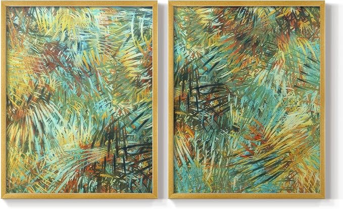 Renditions Gallery Set of 2 Peel & Stick Framed Prints, Nature Abstract Wall Art, Green Leafy Design Wall Decor, Re-Stickable - Ready to Hang - 22"x28" - GOLD Frame LT588