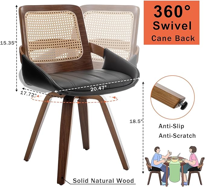 Set of 4 Kitchen & Dining Room Chairs - Swivel Dining Chairs with Cane Back, Walnut Bentwood Frame, Faux Leather Seat, Arms, Versatile for Conference/Kitchen/Restaurant/Living Room (Walnut Black)