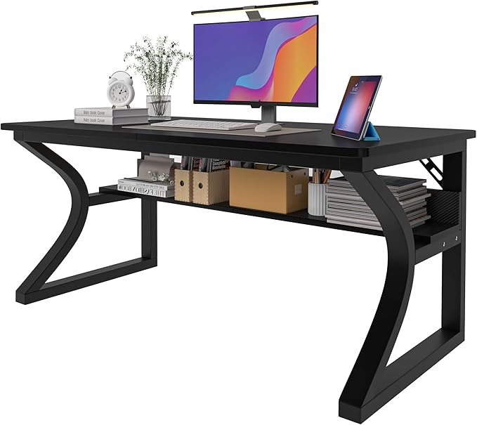 AZN Computer Desk, 47x24 in Computer Desk, Office Desk w/Storage & U-Size Metal Frame for Home Office Bedroom Gaming, Office Desk w/Water-Resistant, Scratchproof Surface, Carbon Fiber Black