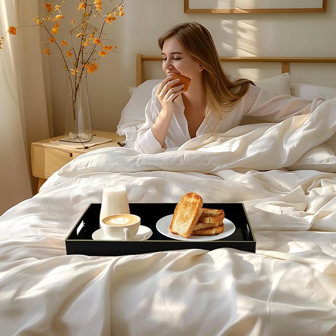 MAONAME Black Decorative Tray for Coffee Table, Modern Serving Tray with Handles, Plastic Rectangular Tea Trays for Ottoman, Bathroom Decor, 15.8” X 10.2” x 1.4"
