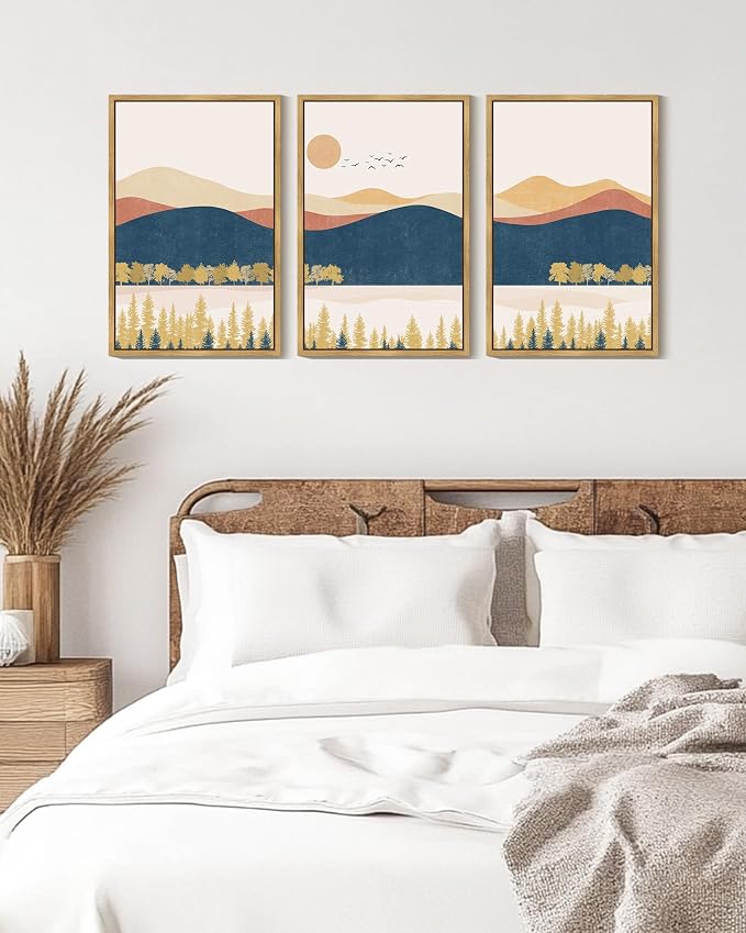 KUVIOKE Bohemain Mountain Landscape Framed Canvas Wall Art Watercolor Nature Artwork Painting Boho Farmhouse Rustic Room Decor for Bedroom Living Room 16x24in (Natural Framed)