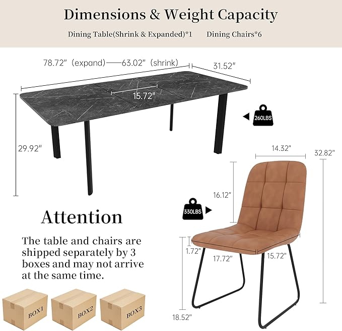 Extendable Dining Table Set for 6-8 People, 63 to 78.7 Inch MDF Kitchen Table with 6 Faux Leather Dining Chairs, Space-Saving for Dining Room, Breakfast Nook (Dark Grey Table & 6 Brown Leather Chairs)