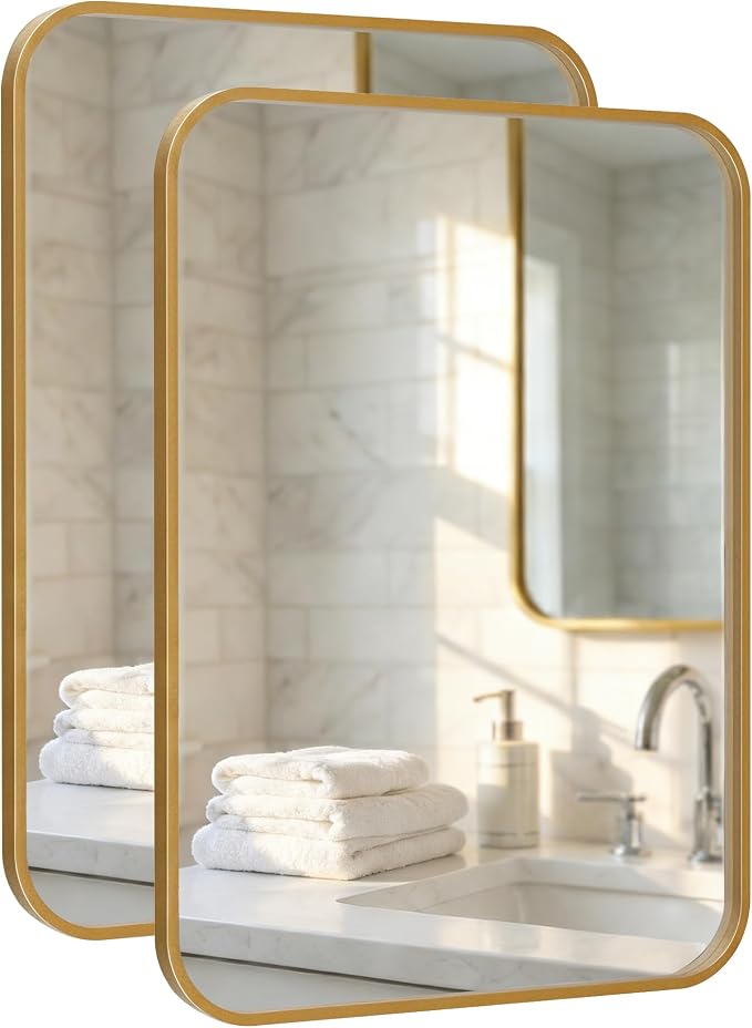 2-Pack 24x36 Inch Antique Gold Bathroom Vanity Mirrors | Flush Mount Deep Set Metal Wall Mirror for Over Sink | HD Shatterproof Glass, Rustproof