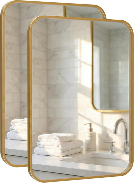 2-Pack 22x30 Inch Antique Gold Bathroom Vanity Mirrors | Flush Mount Deep Set Metal Wall Mirror for Over Sink | HD Shatterproof Glass, Rustproof