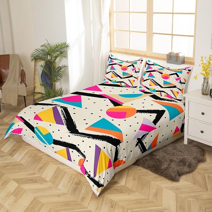 Memphis Duvet Cover Set Queen Size, Retro 80s or 90s Fashion Style Bedding Set for Kids Boys Girls, Geometric Triangle Circle Comforter Cover Soft Polyester Quilt Cover with 2 Pillowcases,No Comforter