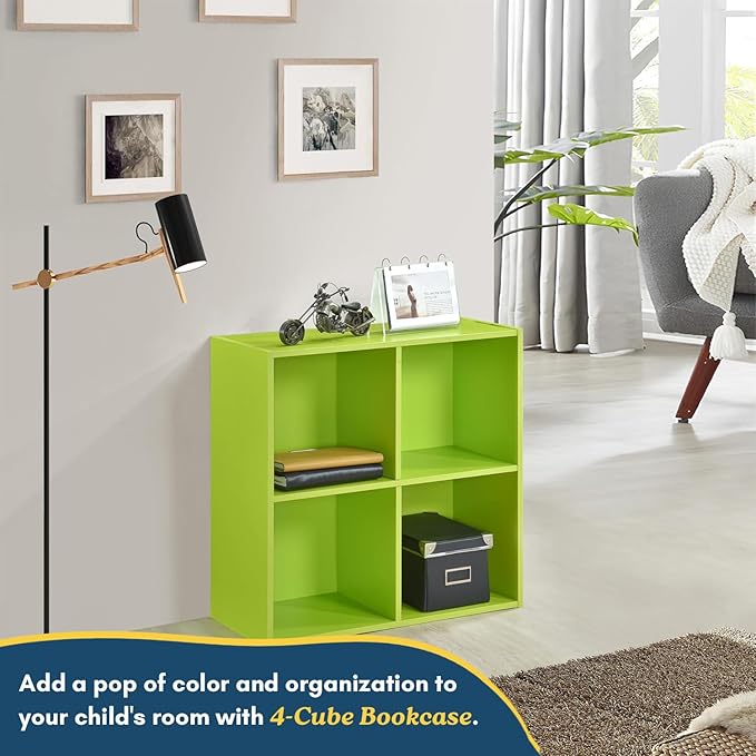 Kings Brand Furniture George 4-Cube Storage Organizer, 2-Tier Bookcase with Wood Shelves for Living Room, Bedroom, Nursery, or Home Office (Green, 1-Pack)