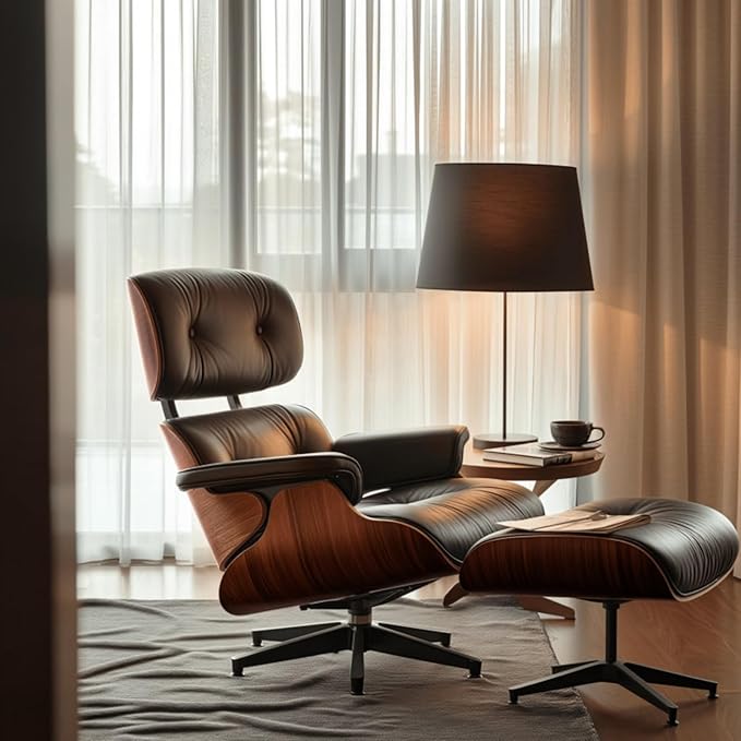 TigerParty Mid Century Chaise Lounge Chair with Ottoman, Top Black Grain Leather, Modern Office Chair Classic Design, Heavy Duty Base Support for Living Room Lounge Office