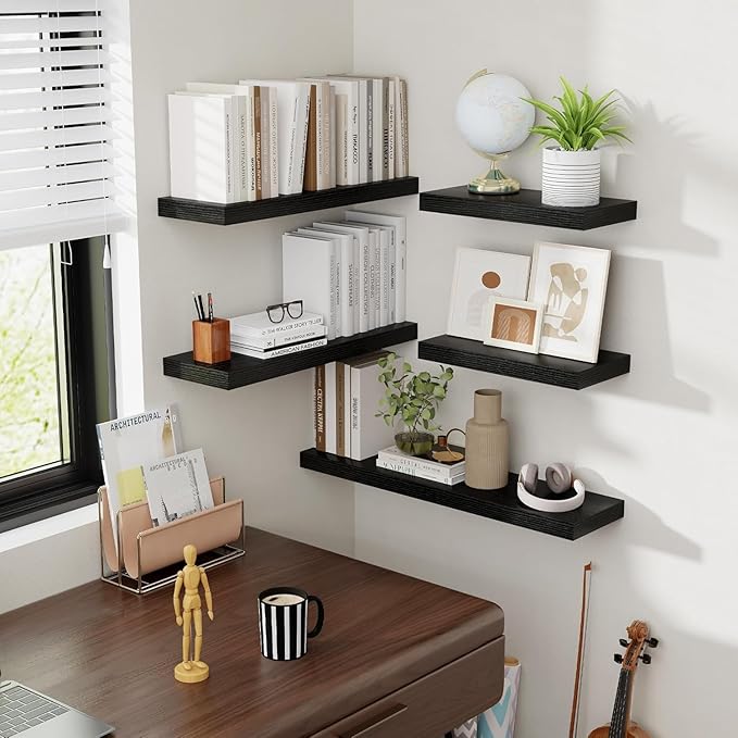 72 Inch Floating Shelves, 8 Inch Deep Floating Shelves for Wall, Hanging Shelf with Invisible Brackets, Deep Shelves for Bathroom, Bedroom, Living Room, Black, Set of 1