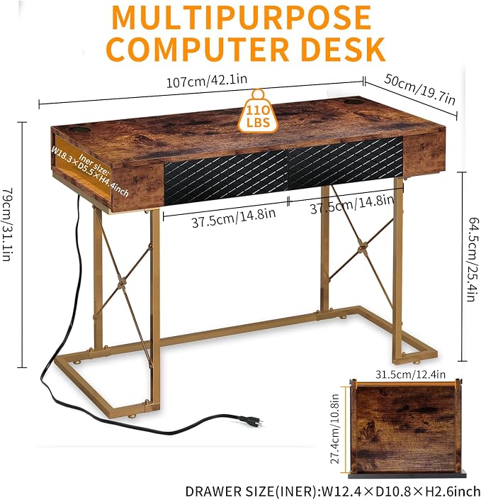Mid-Century Modern Desk, 42 Inch Home Office Desk, Makeup Vanity Dressing Table Writing Desk with 2 Storage Drawers, Metal Frame, Walnut & Gold