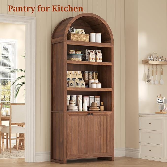 81" Tall Arched Cabinets,Bookcase with storage,Mid-Century Modern 6-Tier Bookshelf with Door,2 Book Risers and Adjustable Shelves offering more storage space for Living Room,Kitchen,Home Office,Brown