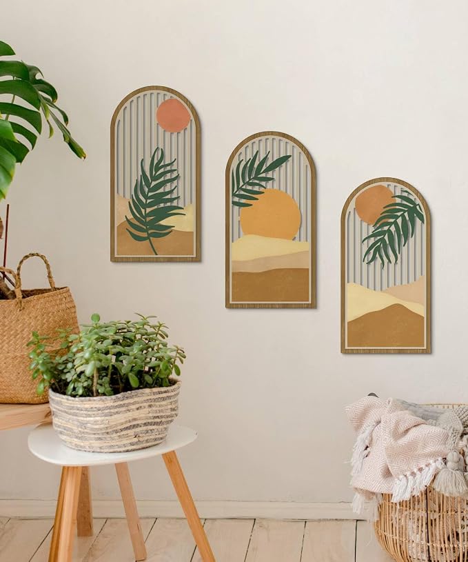 Putuo Decor Boho Wall Art Set of 3, Modern Minimalist Wooden Wall Decor, Nature-Inspired Abstract Aesthetic Room Decorations, Mid-Century Artwork for Living Room, Bedroom, Office (Brown, 16×8 in