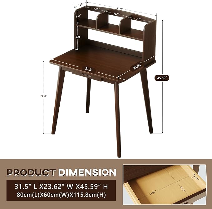 IOTXY Small Writing Desk with Hutch - 31.5" Work Computer Study Table with Drawer for Home and Office, Black Walnut