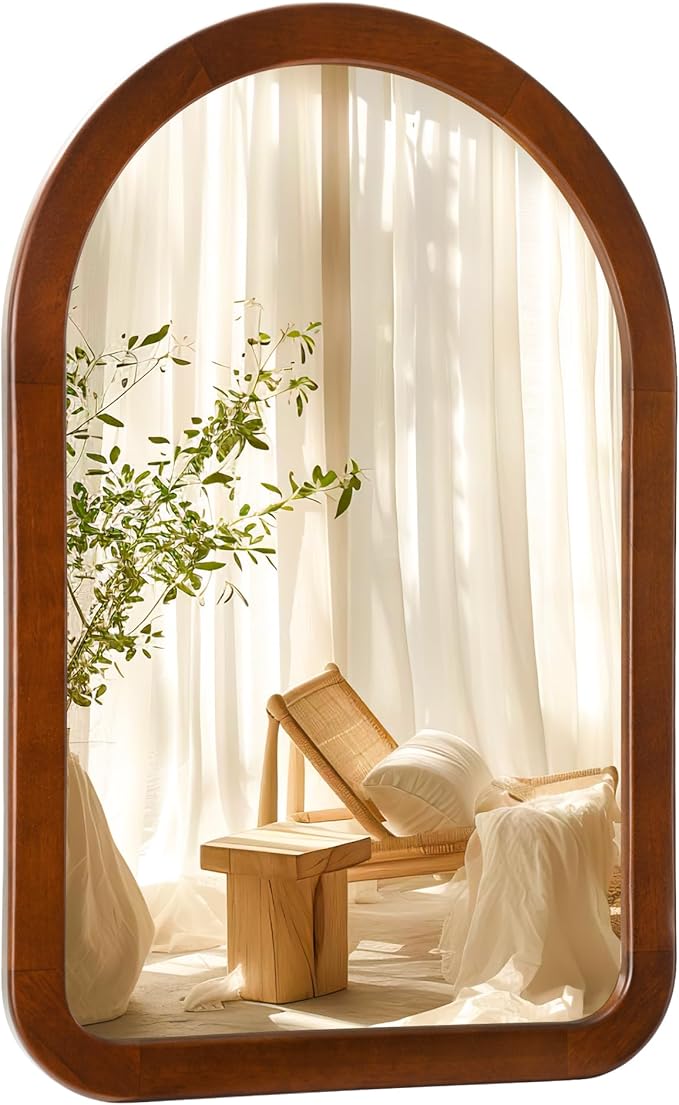 Arched Mirror 24 x 36 Inch,Walnut Brown Wood Rustic Bathroom Tempered Wall Mirror with Wood Frame,Round Corner Arch Farmhouse Wooden Vanity Mirror for Living Room,Entryway or Bedroom