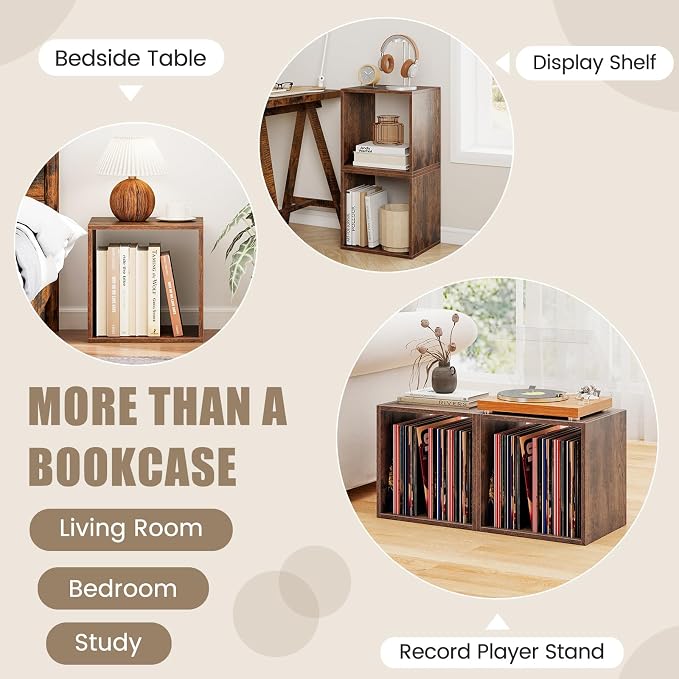 2 Stackable Cubes Bookcase, Wooden Cubby Storage Organizer with Anti-Tipping Device, Small Book Shelf for Small Space, Combination Square Bookshelf Cubes (2, Rustic Brown)