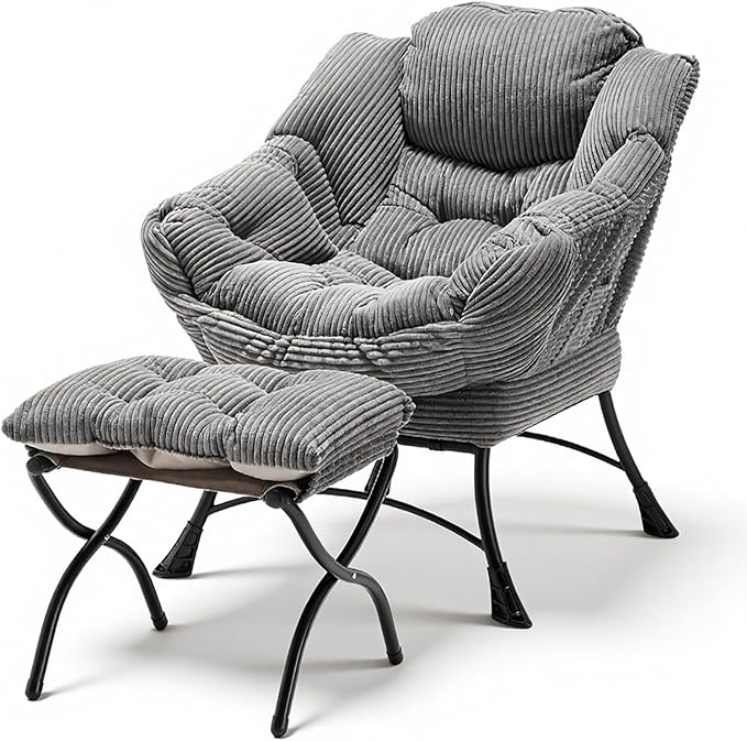 Lazy Chair with Ottoman, Oversized Comfy Accent Chair, 400LBS Heavy Duty Metal Frame, Thick Cushion Corduroy Lounge Chair for Living Room Bedroom Reading, Dark Gray