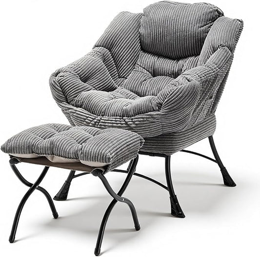 Lazy Chair with Ottoman, Oversized Comfy Accent Chair, 400LBS Heavy Duty Metal Frame, Thick Cushion Corduroy Lounge Chair for Living Room Bedroom Reading, Dark Gray