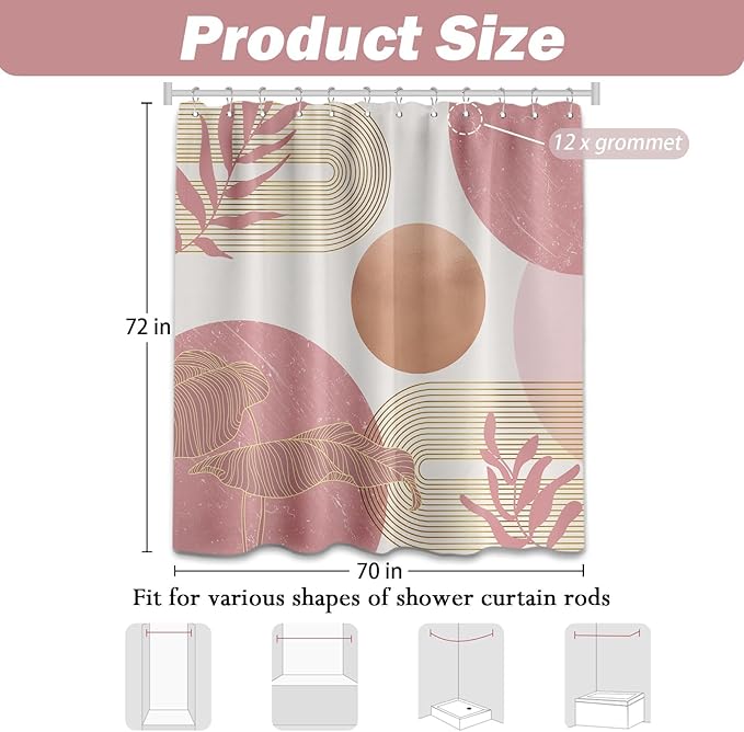 Blush Pink Shower Curtain Light Pink and White Shower Curtains for Bathroom Decor Abstract MCM Bath Curtain Set, Waterproof Fabric with Hooks 70 x 72 Inch