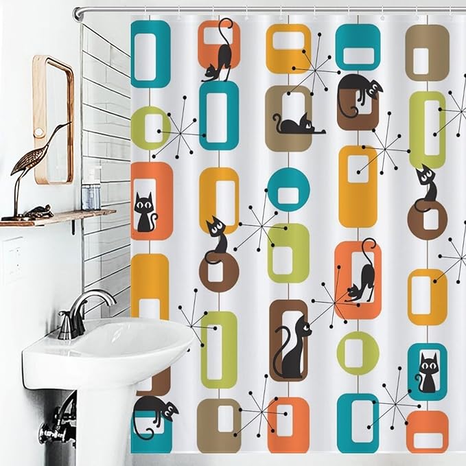 Cats Shower Curtains Mid Century Retro Atomic Black Cat Geometric Abstract Cubes Pattern Duty Fabric Shower Curtain Set Bathroom Polyester Waterproof with 12 Hooks, 66x72Inch（168x183cm）