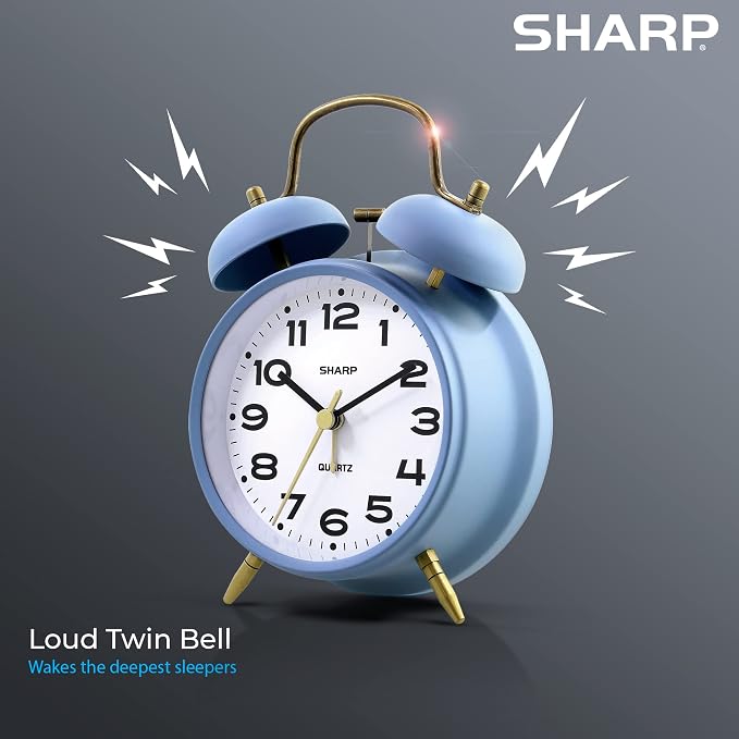 Sharp Twin Bell Alarm Clock, Loud Alarm Great for Heavy Sleepers - Stylish Matte Finish with Rustic Bronze Accents, Battery Operated (Matte Cornflower Blue)