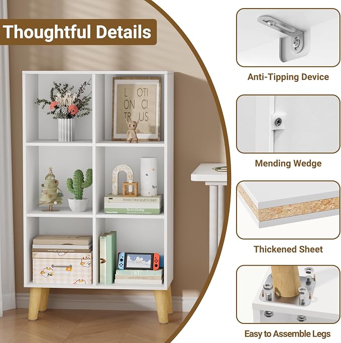 6 Cube Storage Organizer with Legs, 3 Tier Cube Low Bookcase Freestanding Storage Display Organizer for Home Office, Three-Cubes Open Shelf Short Bookshelf (White, 6 Cube Vertical)