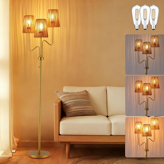 9MMML Gold Farmhouse Boho Dimmable Floor Lamp with Rattan Shade, 68'' Tall Floor Standing Lamp, 3-Light Floor Lamp for Living Room, Bedroom, Office, Corner